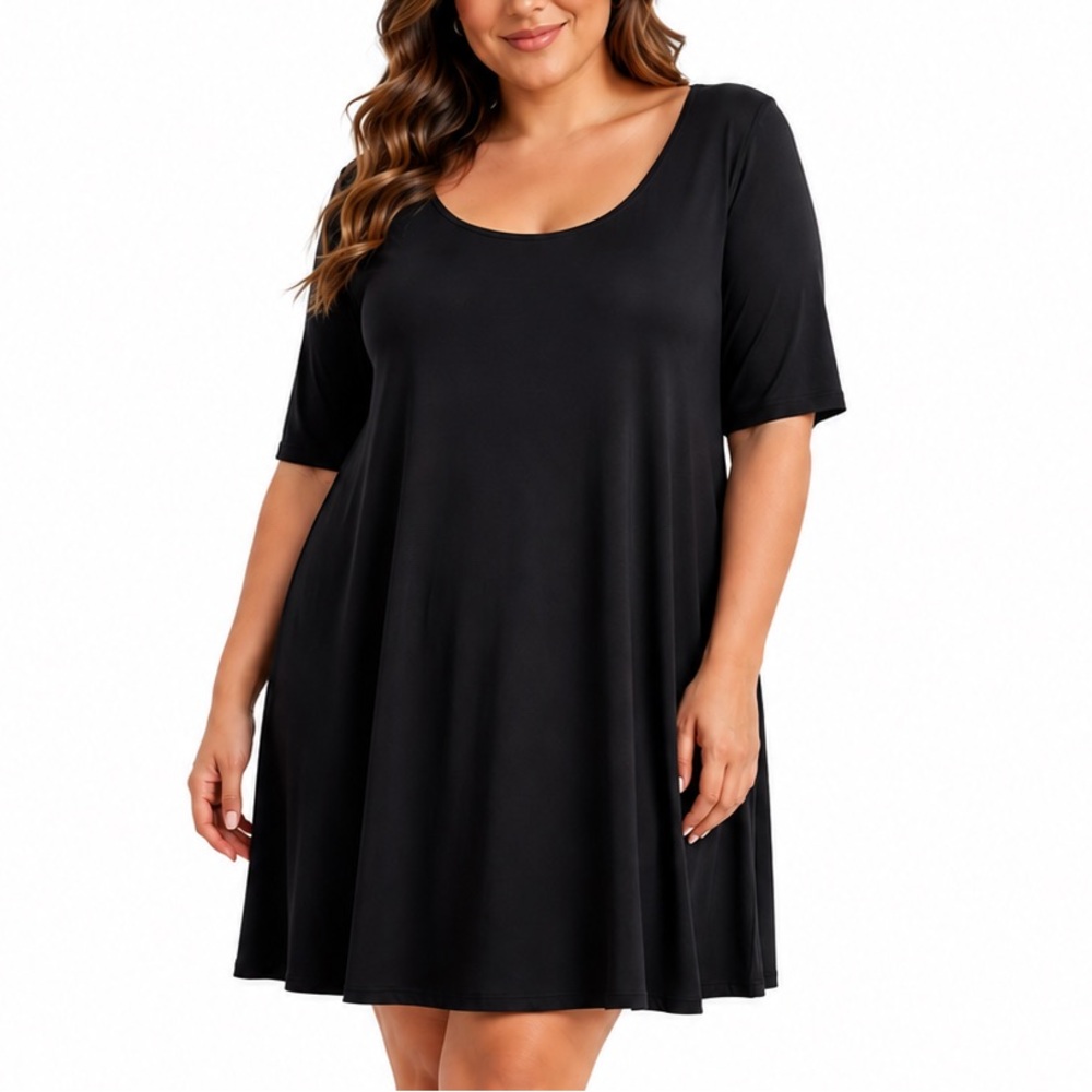 Eileen Fisher Black Knit Dress A Line Mini Stretch Elbow Sleeve Casual Travel XL